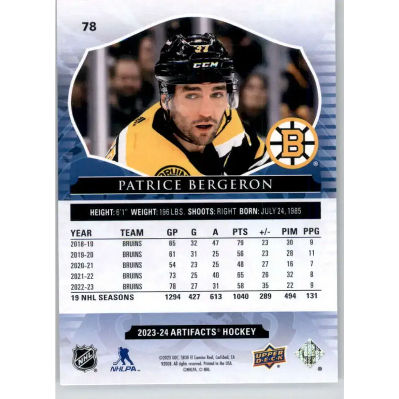 2023-24 Upper Deck Artifacts #78 Patrice Bergeron NM-MT Boston Bruins Hockey Card - Hockey Card Single