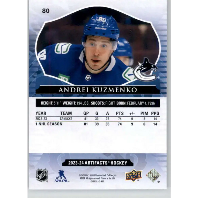 2023-24 Upper Deck Artifacts #80 Andrei Kuzmenko NM-MT Vancouver Canucks Hockey Card - Hockey Card Single