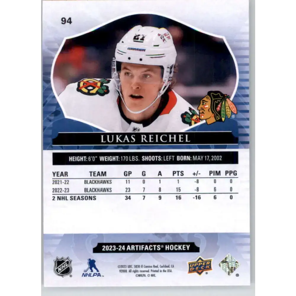 2023-24 Upper Deck Artifacts #94 Lukas Reichel NM-MT Chicago Blackhawks Hockey Card - Hockey Card Single