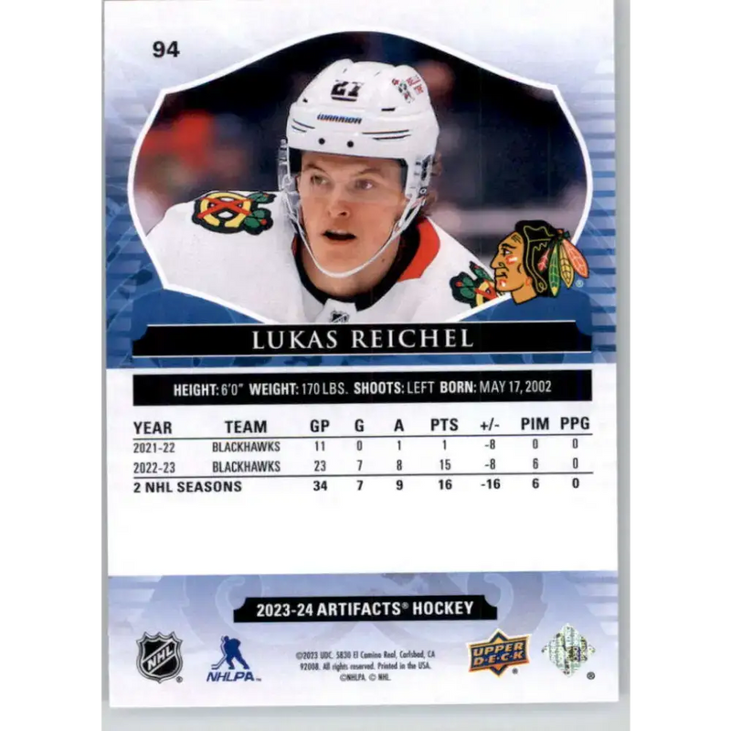 2023-24 Upper Deck Artifacts Turquoise #94 Lukas Reichel NM-MT Chicago Blackhawks Hockey Card - Hockey Card Single