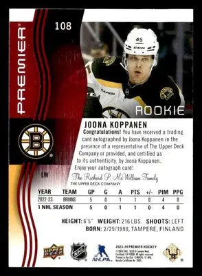 2023-24 Upper Deck Premier #108 Joona Koppanen Auto - Hockey Card Single