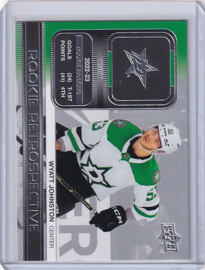Hockey trading card of Wyatt Johnston from Upper Deck Series 1, Dallas Stars green jersey