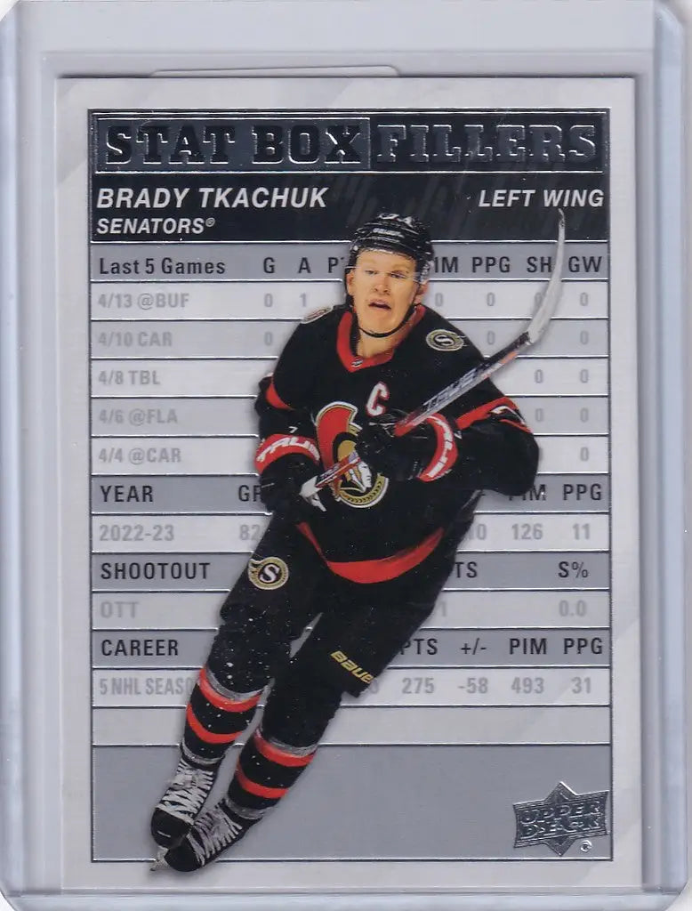 Hockey trading card of Brady Tkachuk Ottawa Senators from Upper Deck Series Stat Box Filler