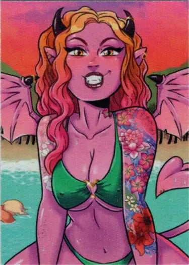 Colorful cartoon of a purple-skinned horned female in 2023 Artist Exclusive Project Card