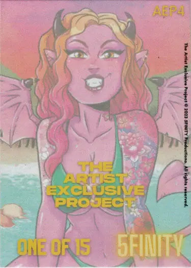 Stylized pink-skinned fantasy creature with wings on 2023 Artist Exclusive Project card