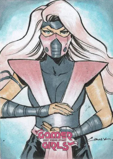 Stylized illustration of a masked character in futuristic costume on Andres Cruz sketch card