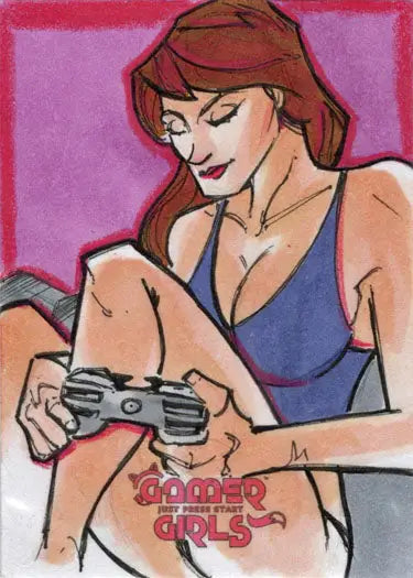 Cartoon-style illustration of a woman gaming on a Barush Merling sketch card
