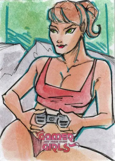 Stylized illustration of a woman with pink hair in red top on Barush Merling sketch card