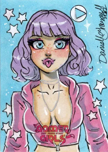 Stylized illustration of woman with purple hair in pink jacket on 2023 Danielle Gransaull sketch card