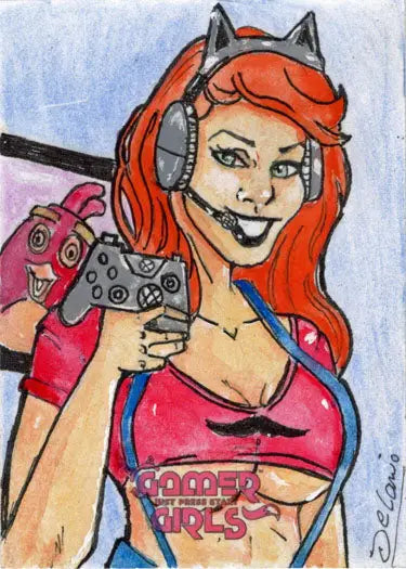 Cartoon woman with red hair and cat ear headphones on 2023 Delanio Dourado sketch card