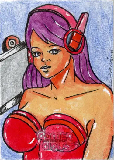 Cartoon portrait of a woman with purple hair in red headphones on Delanio Dourado sketch card