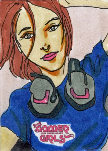Stylized portrait of a woman with red hair in blue Bomber Girls shirt on Jaime Lopez sketch card