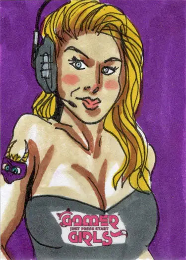 Stylized sketch card of Jaime Lopez featuring a blonde woman in headphones on purple