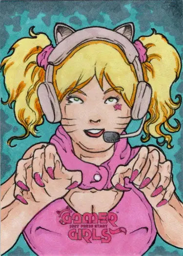 Cheerful blonde girl with cat ears and headphones in Limuel Pinzon sketch card design