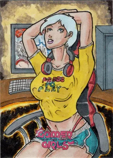 Stylized illustration of young woman with white hair in yellow shirt for Limuel Pinzon sketch card