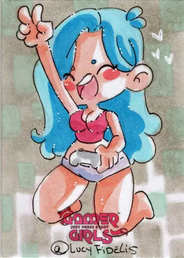 Cartoon character with blue hair making a peace sign on Lucy Fidelis sketch card