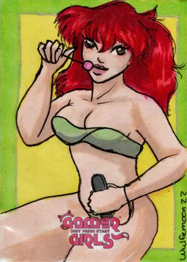 Cartoon-style illustration of a vibrant red-haired woman holding a microphone for sketch card