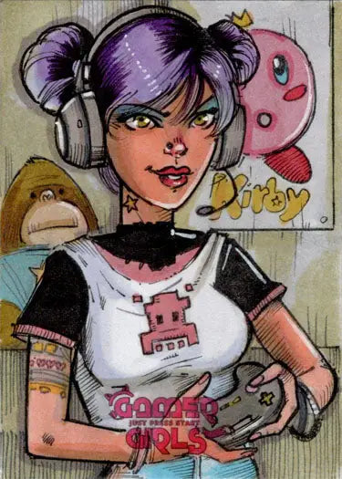 Stylized cartoon portrait of a young woman in headphones on a Mike Mastermaker sketch card