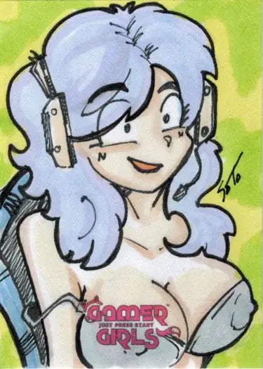 Cartoon of a smiling woman with blue hair on a 2023 Omar Soto Gamer Girls sketch card
