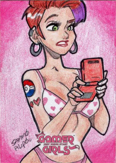 Cartoon woman with colorful hair and a red flip phone on 2023 Sammo Filipo sketch card