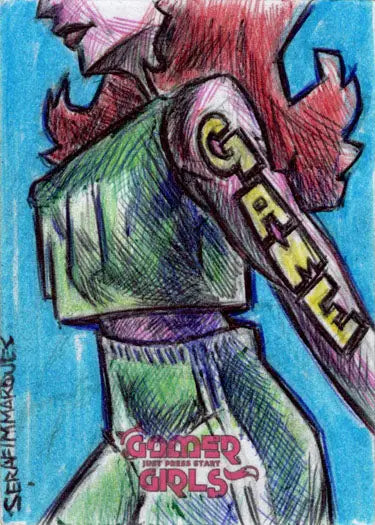 Colorful sketch card of a cartoon character by Serafim Marques holding a GAME bat