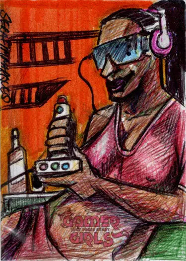 Vibrant sketch card art of a gamer girl by Serafim Marques with headphones and device