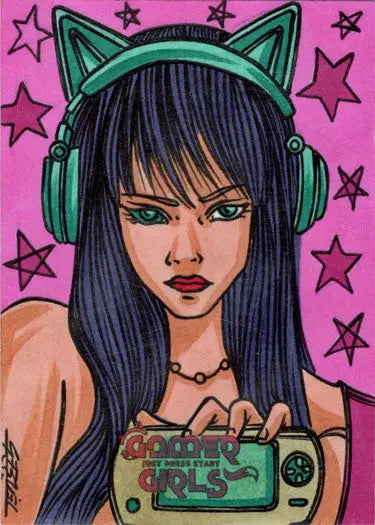 Stylized illustration of a young woman with cat ear headphones for Ulisses Gabriel sketch card