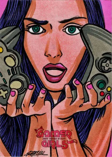 Stylized portrait of a woman with blue hair for 2023 Ulisses Gabriel Sketch Card