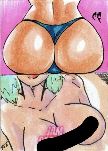 Stylized illustration of woman’s buttocks in blue thong on 2023 Sketch Card by Chris Foulkes and Omar Soto