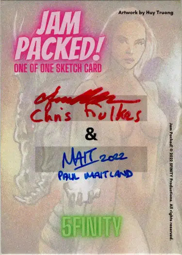 Signed sketch card of a blonde woman by Chris Foulkes and Paul Maitland on pink background