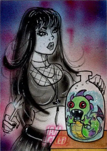 Stylized drawing of a woman with a jar and cute monster in Bianca Thompson sketch card
