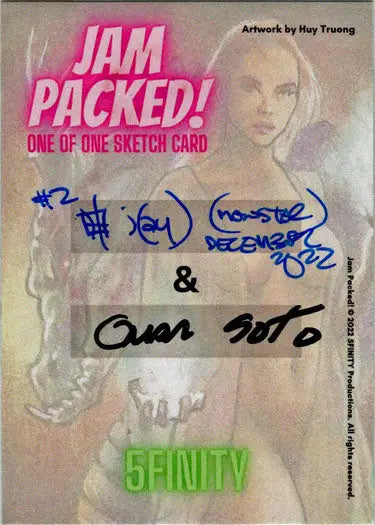 Sketch card of a woman’s portrait by Omar Soto with Jam Packed text and autographs