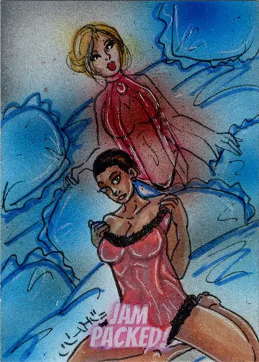 Colorful sketch card by Jason Montoya and Bianca Thompson featuring dynamic female figures