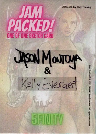 Sketch card by Jason Montoya and Kelly Everaert with blurred portrait background