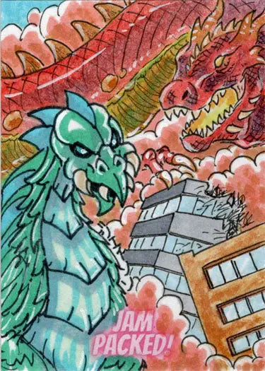 Two cartoon dragons attacking a city building on a Jason Montoya and Kelly Everaert sketch card