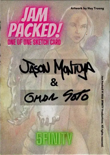 Sketch card featuring a woman’s portrait by Jason Montoya and Omar Soto with pink text