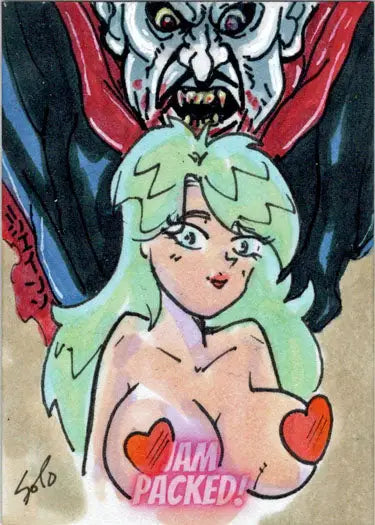 Anime-style character with green hair and heart-shaped censorship in a Jason Montoya Omar Soto sketch card