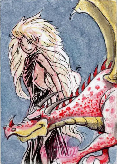 Fantastical creature with humanoid and dragon-like features on Jay Mooers Amber Stone sketch card
