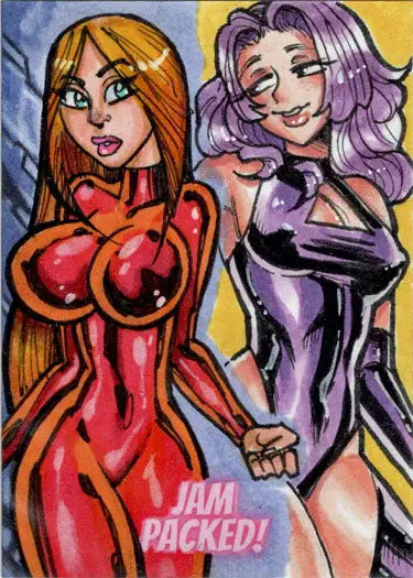 Cartoon illustration of curvaceous female figures on 2023 5finity Sketch Card trading cards