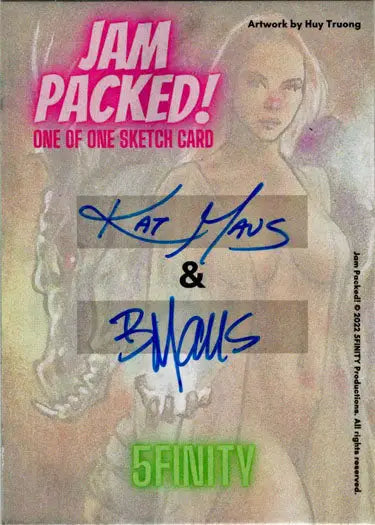 Trading card featuring a blonde woman with JAM PACKED text and autographs sketch card