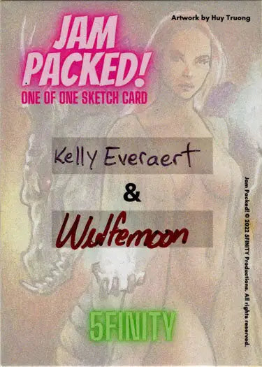 Sketch card of a woman with long blonde hair by Kelly Everaert on pink background