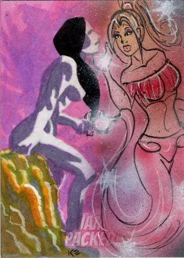 Colorful abstract painting of two female figures on 2023 sketch card by Kelly Everaert and Bianca Thompson