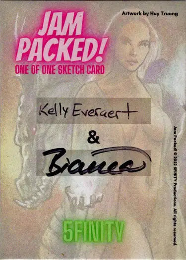 Sketch card of a blonde woman with Jam Packed text by Kelly Everaert and Bianca Thompson