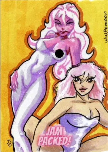 Cartoon illustration of two female figures on a sketch card by Kelly Everaert