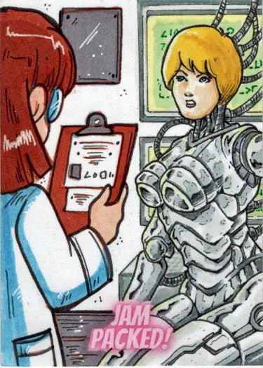 Illustration of a medical professional with a cyborg patient on a Limuel Pinzon Mary Bellamy sketch card