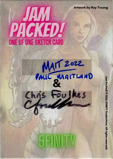 Sketch card of a blonde woman with JAM PACKED text by Paul Maitland and Chris Foulkes