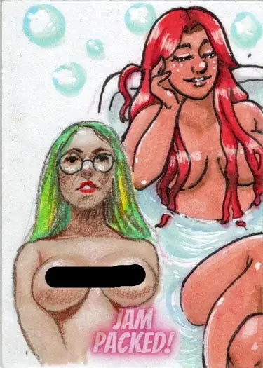 Illustration of two women with colorful hair in a spa setting on a sketch card by Paul Maitland and Maegan Cook