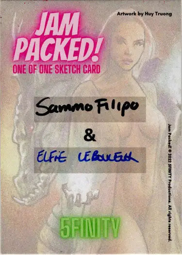 Sketch card of woman’s portrait by Sammo Filipo and Elfie Lebouleux signatures