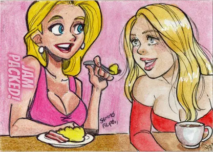 Cartoon of two blonde women chatting over food in a Sammo Filipo and Elfie Lebouleux sketch card