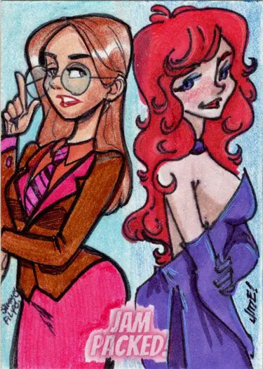 Cartoon sketch card featuring two stylized women by Sammo Filipo and Jme Foronda